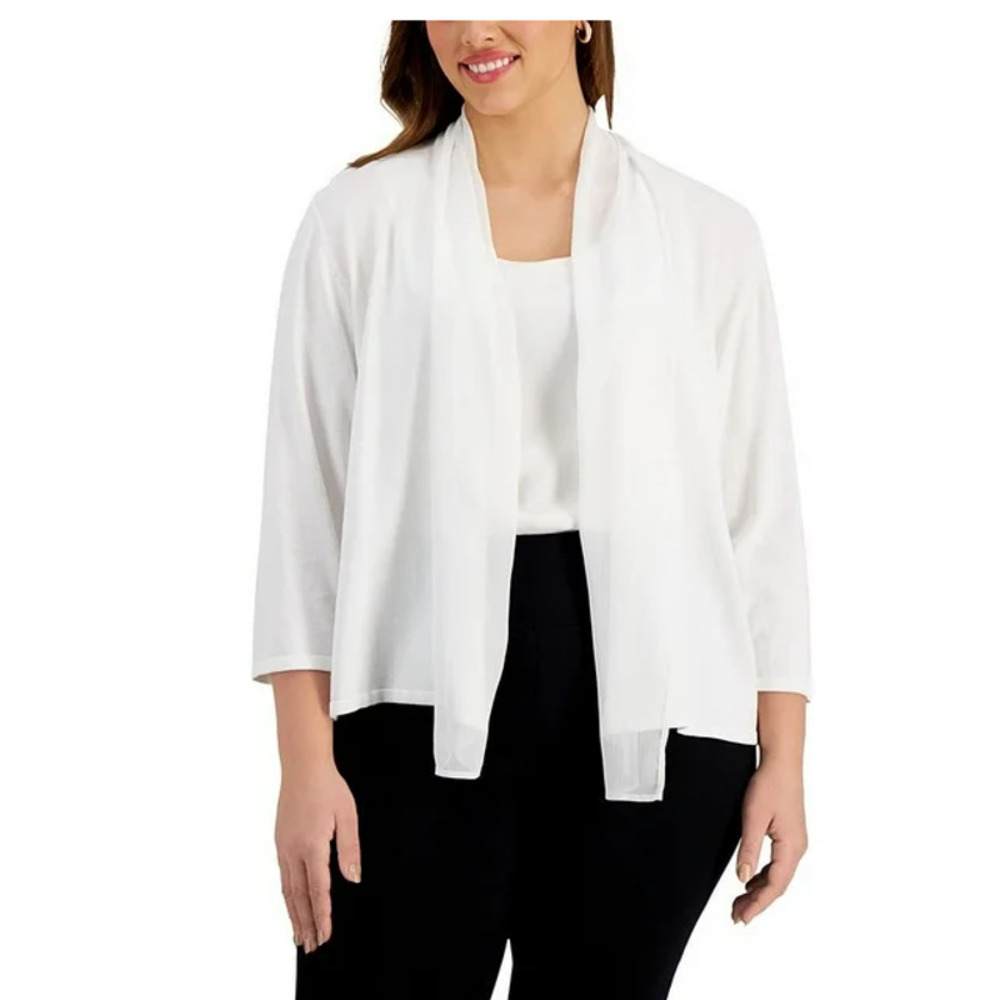 KASPER Chiffon-Trim Open-Front Cardigan | Size 3X